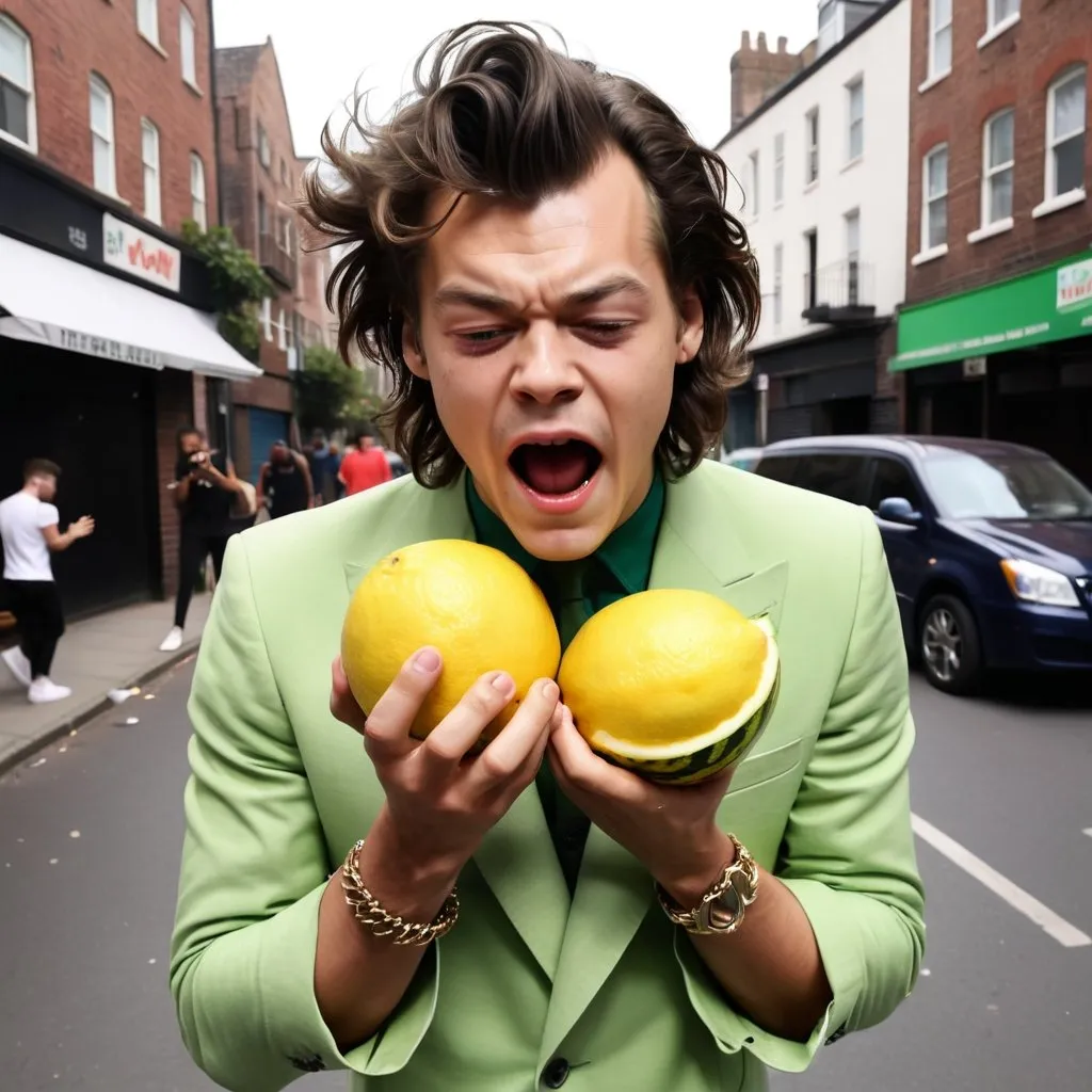 Prompt: Harry Styles have big hands lemon and head crying and singing on street with watermelon 