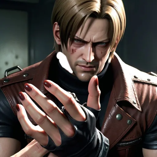 Prompt: Leon Kennedy has a big finger manicure and he brags about it