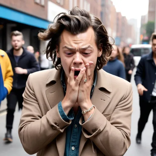 Prompt: Harry Styles have big hands and head crying and singing on street