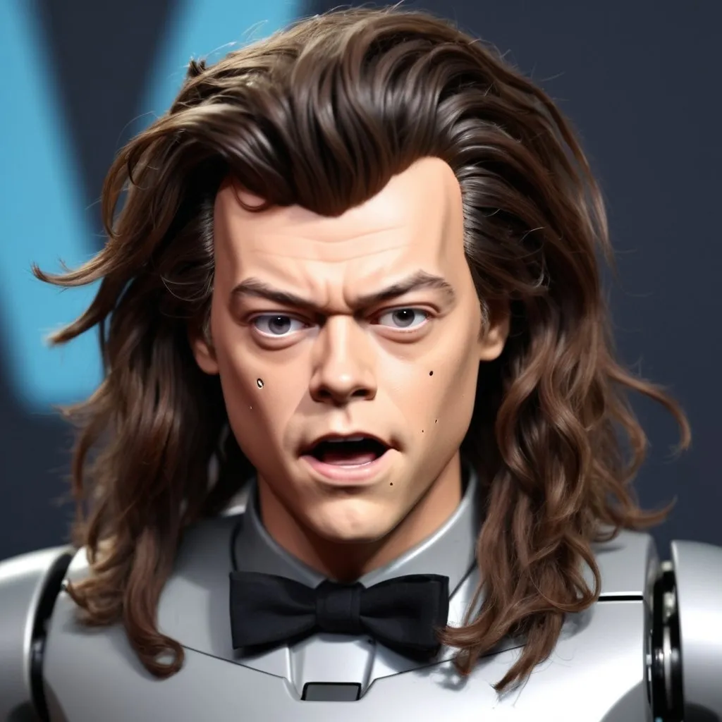 Prompt: Harry Styles robot has a long hair he is shocked poop