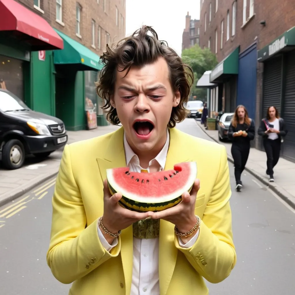 Prompt: Harry Styles have big hands lemon and head crying and singing on street with watermelon 