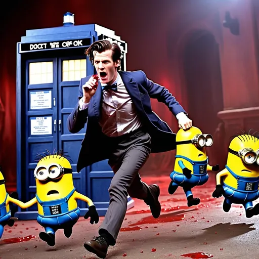 Prompt: The bloody zombie minions attack doctor 11 Matt Smith running in TARDIS. And Harry Styles crying and singing 