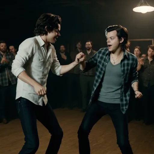 Prompt: Harry Styles dancing with Alan Wake 