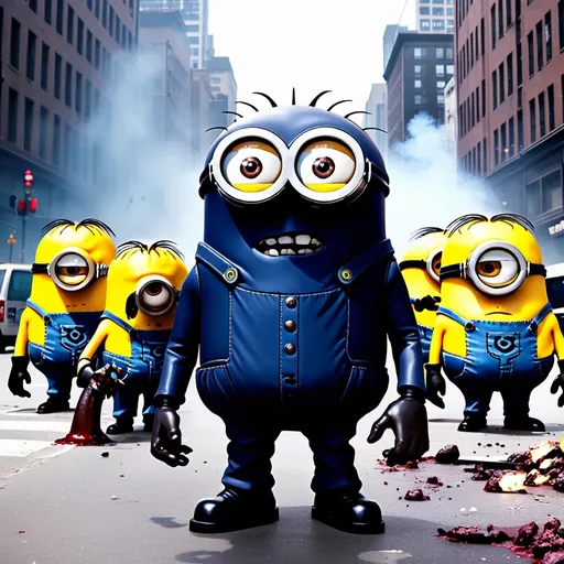 Prompt: evil big minions kill a big city and for this people kill other minions zombies and harry styles robot poops