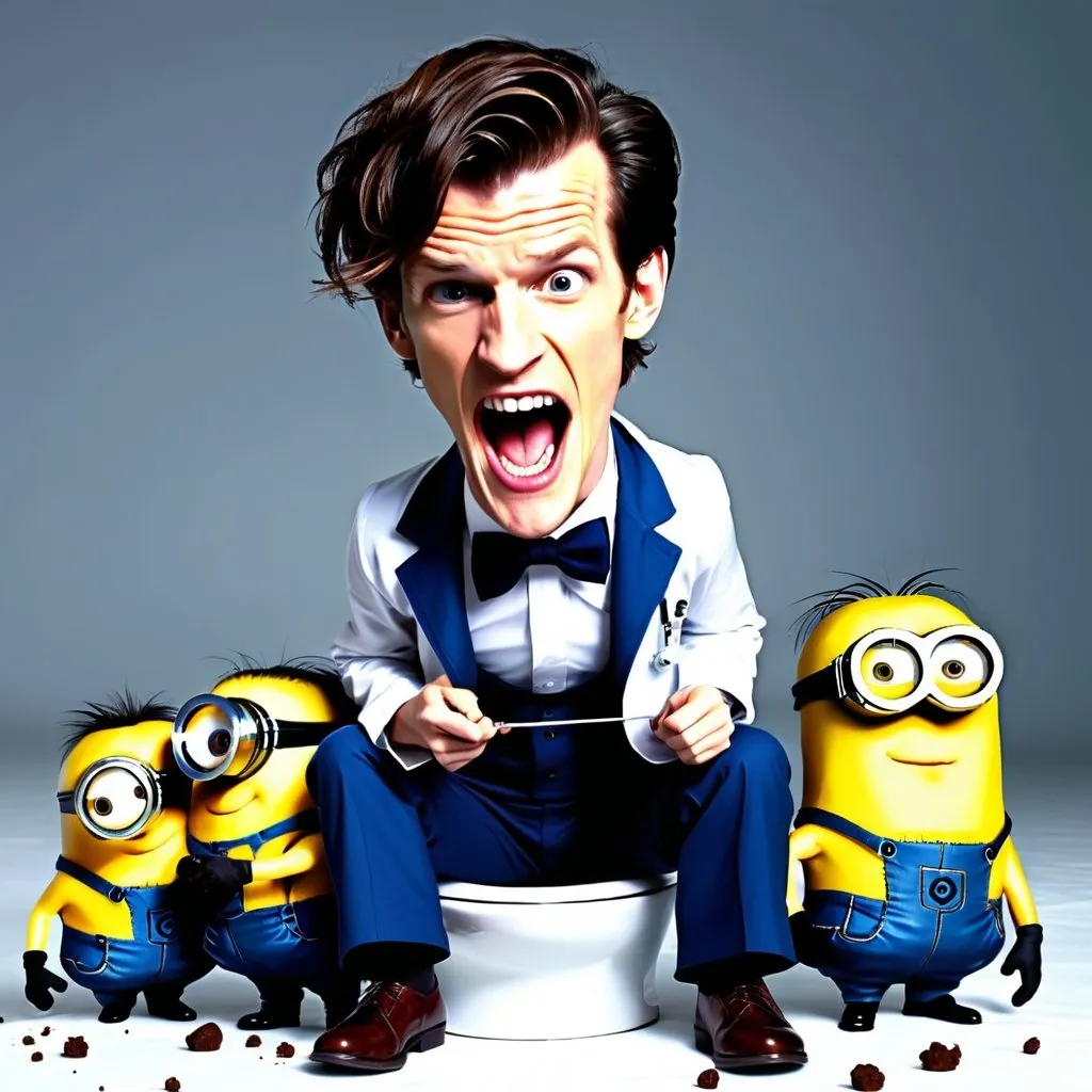 Prompt: Doctor 11 Matt smith pooping and Harry Styles poop singing and minions attack with big teeth 