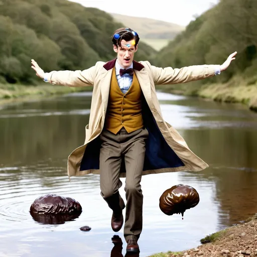 Prompt: Doctor 11 Matt smith fly and river poop