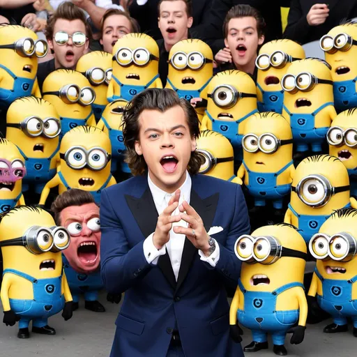 Prompt: Monster Minions attack Harry styles because singing loud 