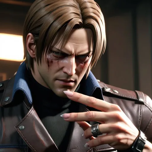 Prompt: Leon Kennedy has a big finger manicure and he brags about it