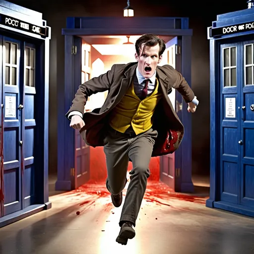 Prompt: The bloody zombie minions attack doctor 11 Matt Smith running in TARDIS