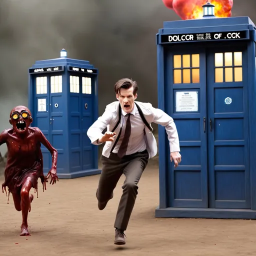 Prompt: The bloody zombie minions attack doctor 11 Matt Smith running in TARDIS