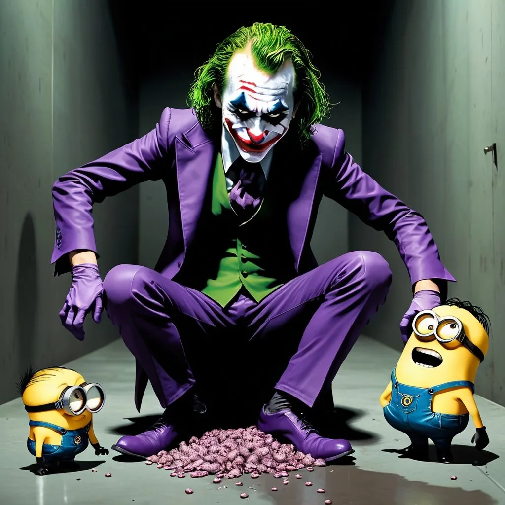 Prompt: Joker kills a poor  minions pooping