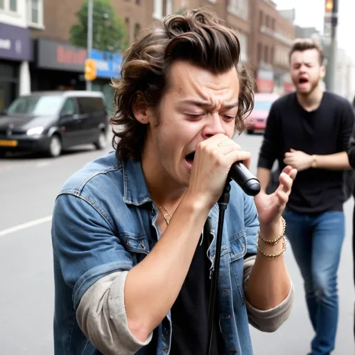 Prompt: Harry Styles crying and singing on street