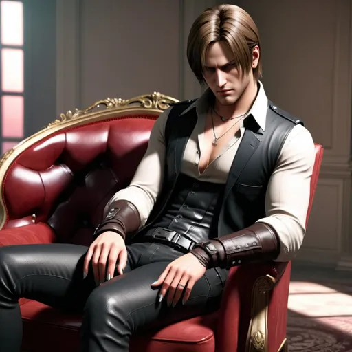 Prompt: Leon Kennedy manicures his fingers and sits in fashionable women's heels