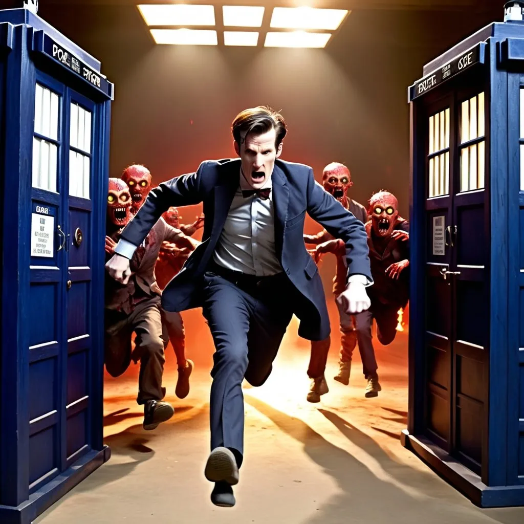 Prompt: The bloody zombie minions attack doctor 11 Matt Smith running in TARDIS