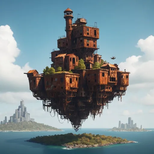 Prompt: a lonely rusty flying city island