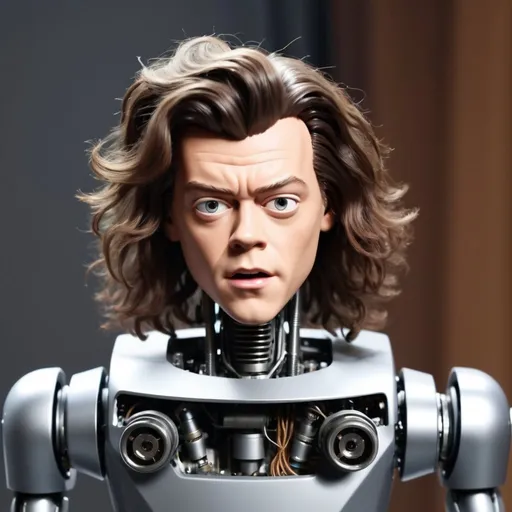 Prompt: Harry Styles robot has a long hair he is shocked 