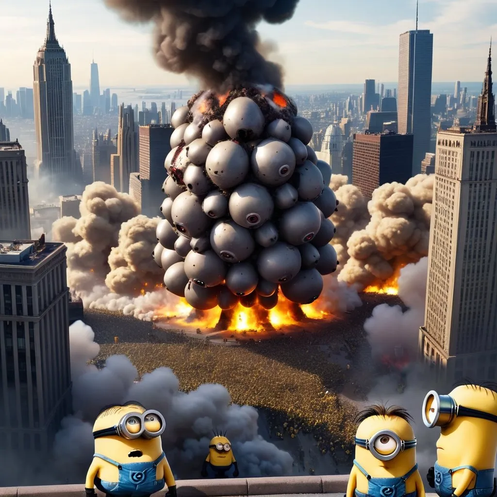 Prompt: evil big minions blow up a big city and for this people kill other minions zombies and harry styles robot poops