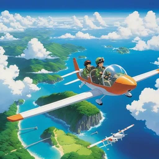 Prompt: birds-eye view of happy pilot and passenger, with safety helmets and green jackets, drives a single, solitary drone in flight over a chain of tropical islands, distant smoke, cumulus clouds; Shadowed below image effect; perfect hands KATSUHIRO OTOMO, studio Ghibli, Anime Key Visual, Makoto Shinkai, Deep Color, 8k resolution Japanese Manga, Pixiv, Zerochan, Fantia