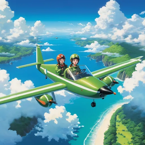 Prompt: birds-eye view of happy pilot and passenger, with safety helmets and green jackets, drives a single, solitary drone in flight over a chain of tropical islands, distant smoke, cumulus clouds; Shadowed below image effect; perfect hands KATSUHIRO OTOMO, studio Ghibli, Anime Key Visual, Makoto Shinkai, Deep Color, 8k resolution Japanese Manga, Pixiv, Zerochan, Fantia