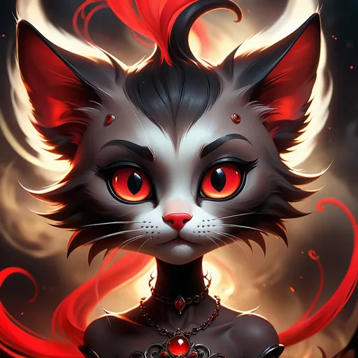 Prompt: faerie cat with long piercing black eyes, in the style of #screenshotsaturday, distorted and exaggerated human figures, smokey background, dark brown and red, nightcore, lit kid, whirly 