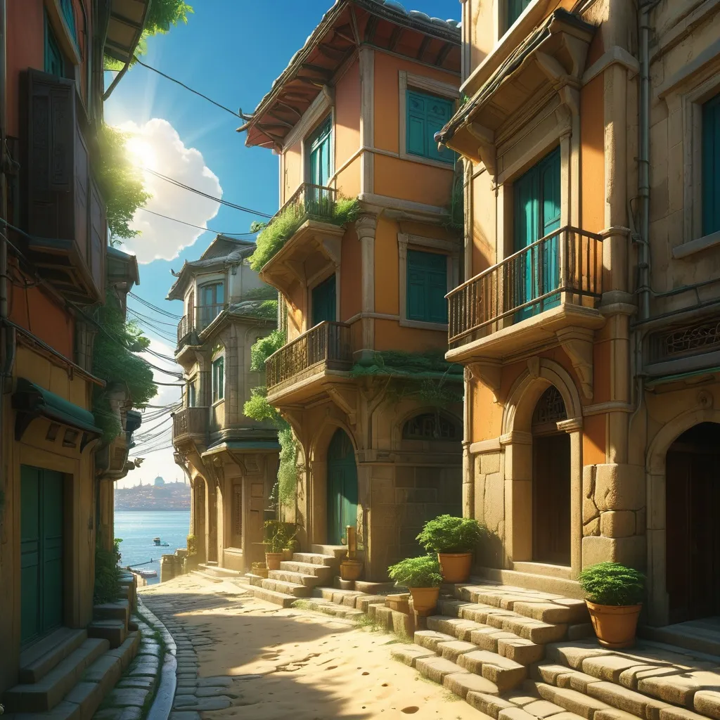 Prompt: Illustrated photography, old Istanbul, stone architecture, bright sunlight, sand, roadrunner: Studio Ghibli, Anime Key Visual, by Makoto Shinkai, Deep Color, Intricate, 8k resolution concept art, Natural Lighting, Beautiful Composition; KATSUHIRO OTOMO, GEOF DARROW, YOJI SHINKAWA, Illustration, Sharp Focus, Dramatic Lighting, Trending On Artstation, Cinematic, Elegant, Reflections