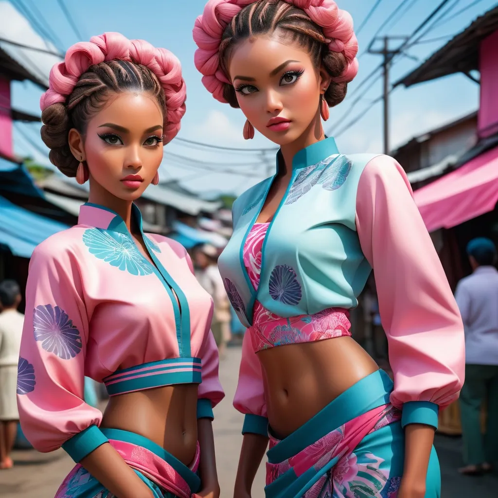 Prompt: double-exposure high-angle full body shot of two women with badika_lines hairstyle, village, street fair, open air market, detailed face, beautiful detailed eyes, makeup, (detailed background:1.2), (perfect anatomy:1.2), (pink kitenge attire:1.2); Shadowed below image effect; perfect hands; KATSUHIRO OTOMO, GEOF DARROW, YOJI SHINKAWA, Illustration, Sharp Focus, Dramatic Lighting, Trending On Artstation, Cinematic, 8k, Concept Art, Elegant, Reflections