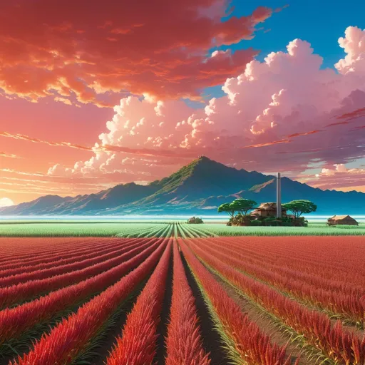 Prompt: double-exposure high-angle panoramic shot of rows of sorghum growing on the edge of the desert, cumulus, red dawn: Studio Ghibli, Anime Key Visual, by Makoto Shinkai, Deep Color, Intricate, 8k resolution concept art, Natural Lighting, Beautiful Composition; KATSUHIRO OTOMO, GEOF DARROW, YOJI SHINKAWA, Illustration, Sharp Focus, Dramatic Lighting, Trending On Artstation, Cinematic, Elegant, Reflections