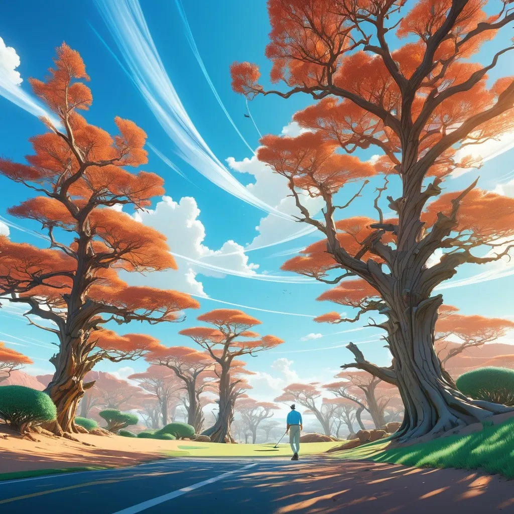 Prompt: double-exposure low-angle panoramic shot of dead dry trees leading from a golf course into the desert: Studio Ghibli, Anime Key Visual, by Makoto Shinkai, Deep Color, Intricate, 8k resolution concept art, Natural Lighting, Beautiful Composition; KATSUHIRO OTOMO, GEOF DARROW, YOJI SHINKAWA, Illustration, Sharp Focus, Dramatic Lighting, Trending On Artstation, Cinematic, Elegant, Reflections