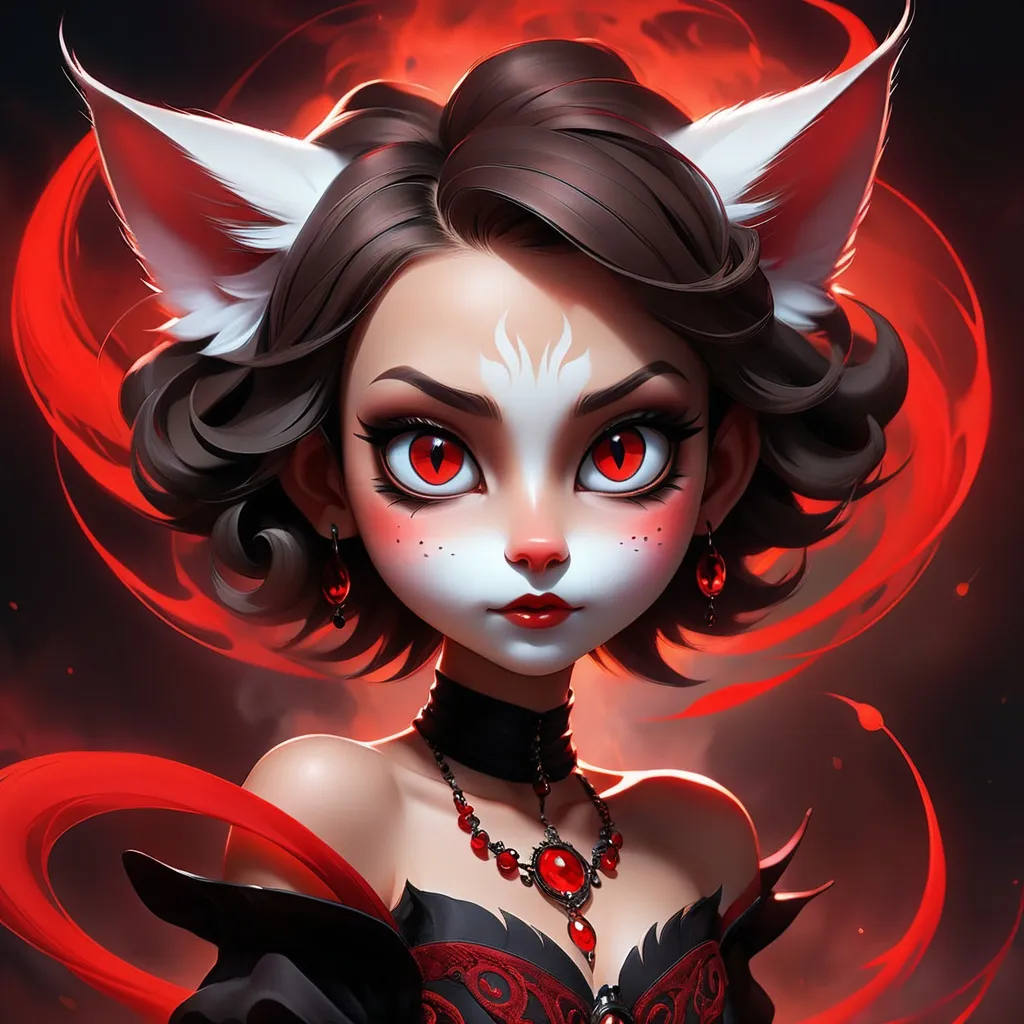 Prompt: faerie cat with long piercing black eyes, in the style of #screenshotsaturday, distorted and exaggerated human figures, smokey background, dark brown and red, nightcore, lit kid, whirly 