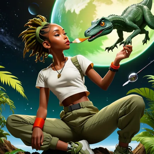 Prompt: double-exposure high-angle full body shot of  petite dark skin female dreaming about a velociraptor floating in space, slim figure, white shirt and army green cargo pants, short dread locks, holding a paintbrush, magic necklace, background is a dark fantasy island; Shadowed below image effect; perfect hands KATSUHIRO OTOMO, GEOF DARROW, YOJI SHINKAWA, Illustration, Sharp Focus, Dramatic Lighting, Trending On Artstation, Cinematic, 8k, Concept Art, Elegant, Reflections; KATSUHIRO OTOMO, GEOF DARROW, YOJI SHINKAWA, Illustration, Sharp Focus, Dramatic Lighting, Trending On Artstation, Cinematic, 8k, Concept Art, Elegant, Reflections