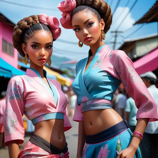 Prompt: double-exposure high-angle full body shot of two women with badika_lines hairstyle, village, street fair, open air market, detailed face, beautiful detailed eyes, makeup, (detailed background:1.2), (perfect anatomy:1.2), (pink kitenge attire:1.2); Shadowed below image effect; perfect hands; KATSUHIRO OTOMO, GEOF DARROW, YOJI SHINKAWA, Illustration, Sharp Focus, Dramatic Lighting, Trending On Artstation, Cinematic, 8k, Concept Art, Elegant, Reflections