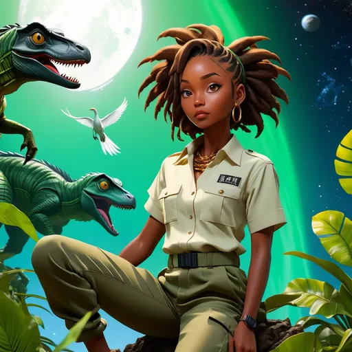 Prompt: double-exposure high-angle full body shot of  petite dark skin female dreaming about a velociraptor floating in space, slim figure, white shirt and army green cargo pants, short dread locks, holding a paintbrush, magic necklace, background is a dark fantasy island; Shadowed below image effect; perfect hands KATSUHIRO OTOMO, GEOF DARROW, YOJI SHINKAWA, Illustration, Sharp Focus, Dramatic Lighting, Trending On Artstation, Cinematic, 8k, Concept Art, Elegant, Reflections; KATSUHIRO OTOMO, GEOF DARROW, YOJI SHINKAWA, Illustration, Sharp Focus, Dramatic Lighting, Trending On Artstation, Cinematic, 8k, Concept Art, Elegant, Reflections