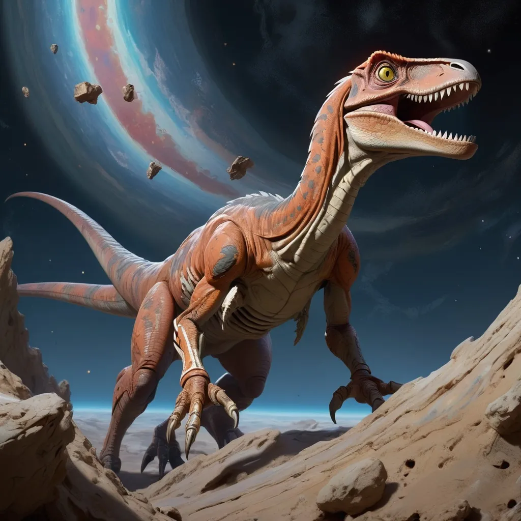 Prompt: A velociraptor-dragon in space with floating fossil bones around it; Shadowed below image effect; perfect hands; KATSUHIRO OTOMO, GEOF DARROW, YOJI SHINKAWA, Illustration, Sharp Focus, Dramatic Lighting, Trending On Artstation, Cinematic, 8k, Concept Art, Elegant, Reflections