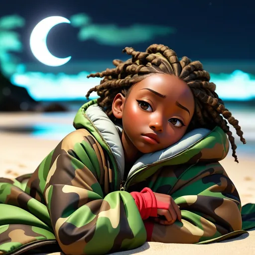 Prompt: double-exposure low-angle full body shot of petite dark skin female asleep in a camo sleeping bag on the beach, only head visible, eyes closed, laying down, sleeping bag with zipper, short dread locks, nighttime, magic necklace, background is a moonlit fantasy island, very dark, low illumination; Shadowed below image effect; perfect hands KATSUHIRO OTOMO, GEOF DARROW, YOJI SHINKAWA, Illustration, Sharp Focus, Dramatic Lighting, Trending On Artstation, Cinematic, 8k, Concept Art, Elegant, Reflections; KATSUHIRO OTOMO, GEOF DARROW, YOJI SHINKAWA, Illustration, Sharp Focus, Dramatic Lighting, Trending On Artstation, Cinematic, 8k, Concept Art, Elegant, Reflections