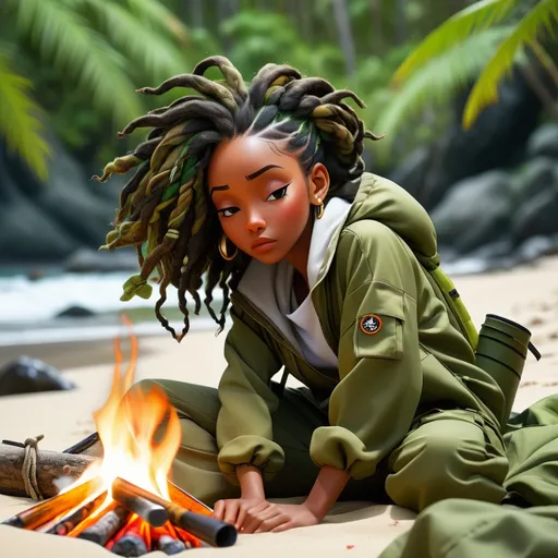 Prompt: double-exposure high-angle full body shot of  petite dark skin female sleeping in a camo sleeping bag by a beach campfire, slim figure, white shirt and army green cargo pants, short dread locks, holding a paintbrush, magic necklace, background is a dark fantasy island; Shadowed below image effect; perfect hands KATSUHIRO OTOMO, GEOF DARROW, YOJI SHINKAWA, Illustration, Sharp Focus, Dramatic Lighting, Trending On Artstation, Cinematic, 8k, Concept Art, Elegant, Reflections; KATSUHIRO OTOMO, GEOF DARROW, YOJI SHINKAWA, Illustration, Sharp Focus, Dramatic Lighting, Trending On Artstation, Cinematic, 8k, Concept Art, Elegant, Reflections