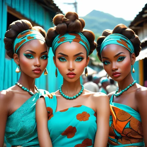 Prompt: double-exposure high-angle full body shot of three women with badika_lines hairstyle, different faces & expressions, dynamic poses, village, street fair, open air market, detailed face, beautiful detailed eyes, makeup, (detailed background:1.2), (perfect anatomy:1.2), (turquoise kitenge attire:1.2); Shadowed below image effect; perfect hands; KATSUHIRO OTOMO, GEOF DARROW, YOJI SHINKAWA, Illustration, Sharp Focus, Dramatic Lighting, Trending On Artstation, Cinematic, 8k, Concept Art, Elegant, Reflections