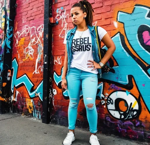 Prompt: (hipster girl rebel), strong pose, fierce expression, graffiti-covered urban backdrop, vibrant street art details, dynamic energy, thoughtful stance, stylish casual attire, modern accessories, expressive emotions, determined vibe, (urban setting), pastel tones combined with bold colors, (highly detailed), capturing the essence of activism, inspiring and rebellious spirit, empowering atmosphere.