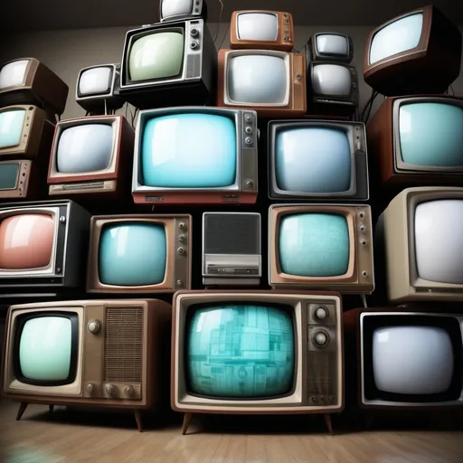 Prompt: A bunch of conspiracy old TV sets setting on top of one another speaking subliminal messages used to manipulate and brainwash our minds 