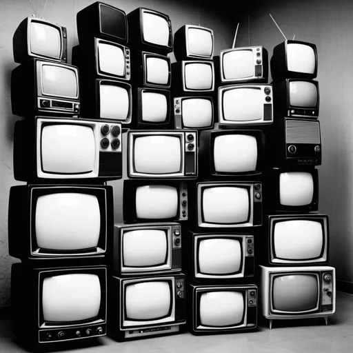 Prompt: A bunch of conspiracy old TV sets setting on top of one another speaking subliminal messages used to manipulate and brainwash our minds 