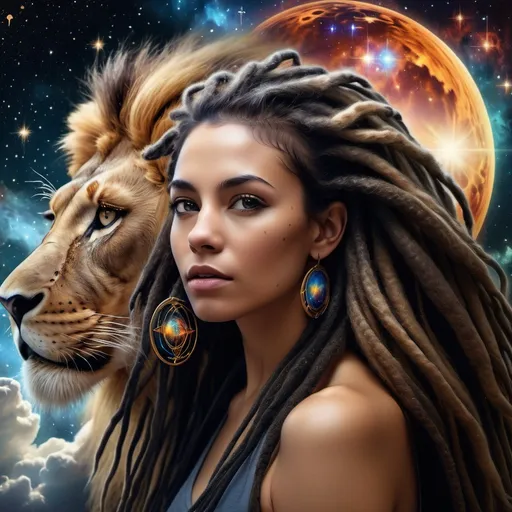 Prompt: (Hyper realistic photo of a dark haired woman representing zodiac sign of Leo beautiful with dreadlocks in the sky with cosmic black universe background with the symbol of Leo behind her and a lion in the clouds behind woman  ), captivating and ethereal figure in the cosmos, (realistic lion) depicted fierce and powerful behind her, starry background with vibrant nebulae and shimmering constellations, painting a celestial scene, enchanting colors blending dark blues and purples, warm highlights radiating from her, (high detail) and (ultra-realistic), cosmic ambiance filled with wonder and strength.