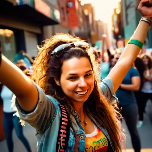 Prompt: (hippie girl rebel with a cause), vibrant city streets, (dynamic atmosphere), friends supporting unity, strong facial expressions, (gritty urban background), colorful protest signs, (determined poses), high energy, diverse group, fighting for change, echoes of revolution, warm tones of sunset, 4K ultra-detailed, dramatic lighting, (empowering vibe).