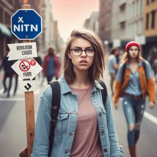 Prompt: Hipster girl rebel with a cause in the city fighting for a cause with friends in background walking through city streets signs and starting a revolution