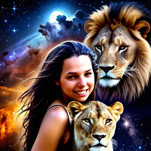 Prompt: (Hyper realistic photo of a dark haired woman representing zodiac sign of Leo beautiful with dreadlocks in the sky with cosmic black universe background with the symbol of Leo behind her and a lion in the clouds behind woman  ), captivating and ethereal figure in the cosmos, (realistic lion) depicted fierce and powerful behind her, starry background with vibrant nebulae and shimmering constellations, painting a celestial scene, enchanting colors blending dark blues and purples, warm highlights radiating from her, (high detail) and (ultra-realistic), cosmic ambiance filled with wonder and strength.