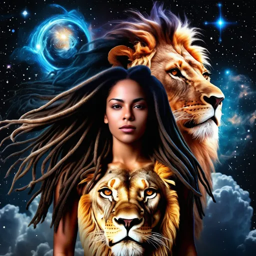 Prompt: (Hyper realistic photo of a dark haired woman representing zodiac sign of Leo beautiful with dreadlocks in the sky with cosmic black universe background with the symbol of Leo behind her and a lion in the clouds behind woman  ), captivating and ethereal figure in the cosmos, (realistic lion) depicted fierce and powerful behind her, starry background with vibrant nebulae and shimmering constellations, painting a celestial scene, enchanting colors blending dark blues and purples, warm highlights radiating from her, (high detail) and (ultra-realistic), cosmic ambiance filled with wonder and strength.