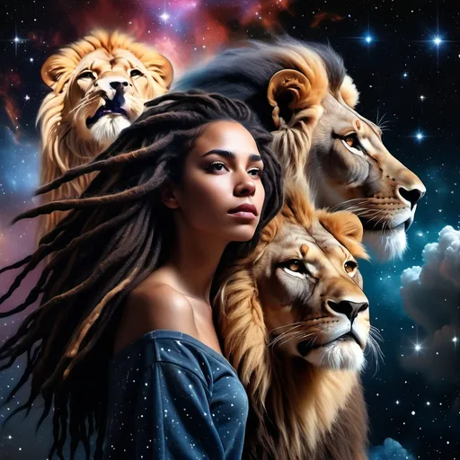 Prompt: (Hyper realistic photo of a dark haired woman representing zodiac sign of Leo beautiful with dreadlocks in the sky with cosmic black universe background with the symbol of Leo behind her and a lion in the clouds behind woman  ), captivating and ethereal figure in the cosmos, (realistic lion) depicted fierce and powerful behind her, starry background with vibrant nebulae and shimmering constellations, painting a celestial scene, enchanting colors blending dark blues and purples, warm highlights radiating from her, (high detail) and (ultra-realistic), cosmic ambiance filled with wonder and strength.