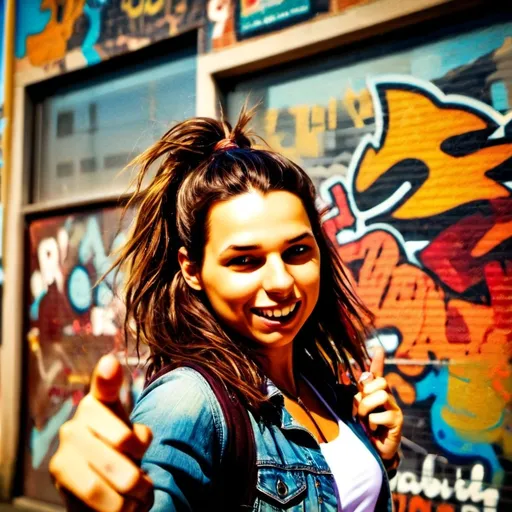 Prompt: (visionary hipster girl), rebellious pose, stylish urban outfit, fierce expression, walking through vibrant city streets, (friends in background), posters and signs advocating change, lively atmosphere, (street art), warm golden sunlight filtering through buildings, energetic feel of a revolution, (dynamic candid scene), colorful graffiti murals, high detail, ultra-detailed, 4K quality, charming chaos of city life.