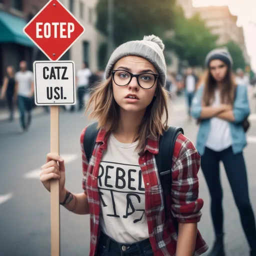 Prompt: Hipster girl rebel with a cause in the city fighting for a cause with friends in background walking through city streets signs and starting a revolution