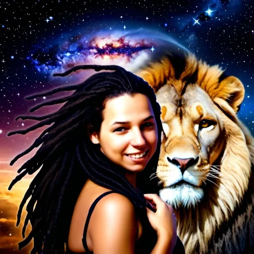 Prompt: (Hyper realistic photo of a dark haired woman representing zodiac sign of Leo beautiful with dreadlocks in the sky with cosmic black universe background with the symbol of Leo behind her and a lion in the clouds behind woman  ), captivating and ethereal figure in the cosmos, (realistic lion) depicted fierce and powerful behind her, starry background with vibrant nebulae and shimmering constellations, painting a celestial scene, enchanting colors blending dark blues and purples, warm highlights radiating from her, (high detail) and (ultra-realistic), cosmic ambiance filled with wonder and strength.