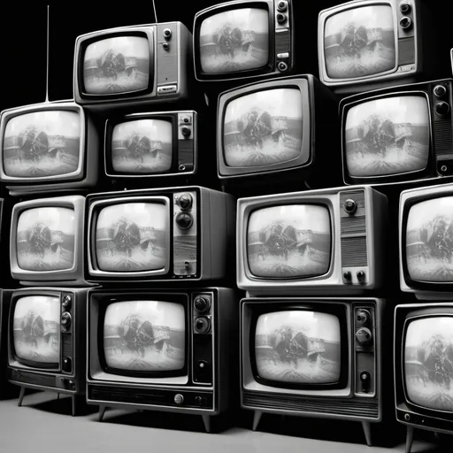 Prompt: A bunch of conspiracy old TV sets setting on top of one another speaking subliminal messages used to manipulate and brainwash our minds 