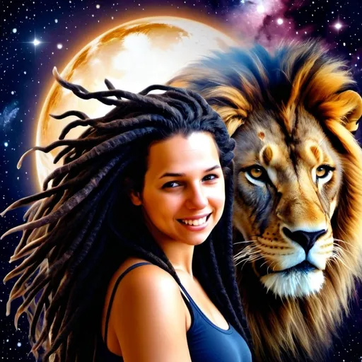 Prompt: (Hyper realistic photo of a dark haired woman representing zodiac sign of Leo beautiful with dreadlocks in the sky with cosmic black universe background with the symbol of Leo behind her and a lion in the clouds behind woman  ), captivating and ethereal figure in the cosmos, (realistic lion) depicted fierce and powerful behind her, starry background with vibrant nebulae and shimmering constellations, painting a celestial scene, enchanting colors blending dark blues and purples, warm highlights radiating from her, (high detail) and (ultra-realistic), cosmic ambiance filled with wonder and strength.